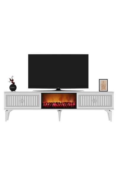 cantek dizayn Flame Şömineli Tv Sehpası (ALT MODÜL) Beyaz-gümüş - Resim 5