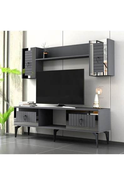 cantek dizayn LİNDA RAFLI TV ÜNİTESİ TAKIMI ANTRASİT-GÜMÜŞ - Resim 2