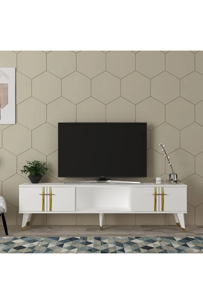 cantek dizayn ASEL TV SEHPASI (ALT MODÜL) BEYAZ-ALTIN - Resim 2