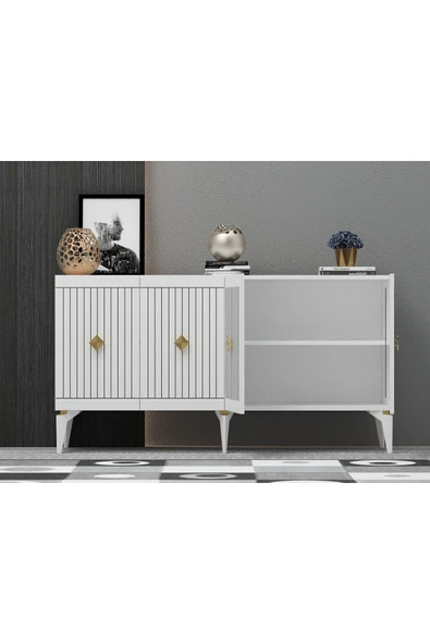cantek dizayn Midas 180 Cm Tv Sehpası (ALT MODÜL) Ve 4 Kapaklı Konsol 2'li Salon Takımı Beyaz-altın - Resim 3