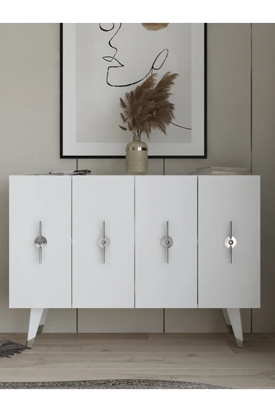 cantek dizayn Quartct (KM120) Konsol , Çok Amaçlı Dolap Beyaz-gümüş (RAMADA KULP)