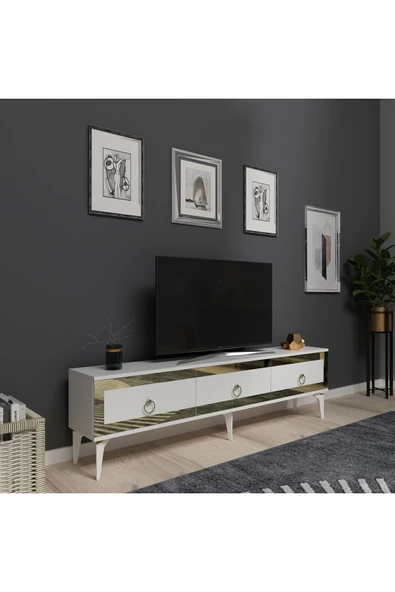cantek dizayn Ponny 180 Cm Tv Sehpası Beyaz Altın - Resim 2