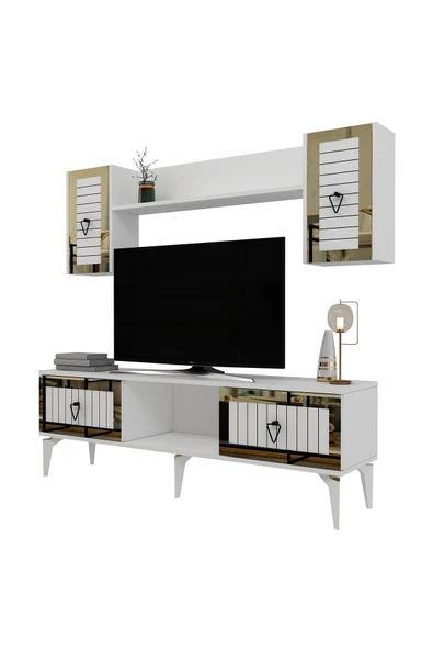 cantek dizayn LİNDA RAFLI TV ÜNİTESİ TAKIMI BEYAZ-ALTIN - Resim 8