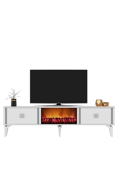 cantek dizayn DORRUK TV SEHPASI (ALT MODÜL) ŞÖMİNELİ BEYAZ-GÜMÜŞ - Resim 2