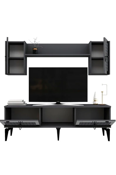 cantek dizayn LİNDA RAFLI TV ÜNİTESİ TAKIMI ANTRASİT-GÜMÜŞ - Resim 6