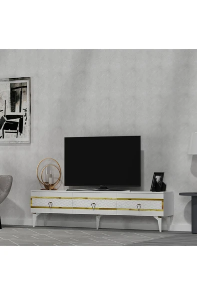 cantek dizayn İppek 180 Cm Tv Sehpası (ALT MODÜL) Beyaz-altın - Resim 2