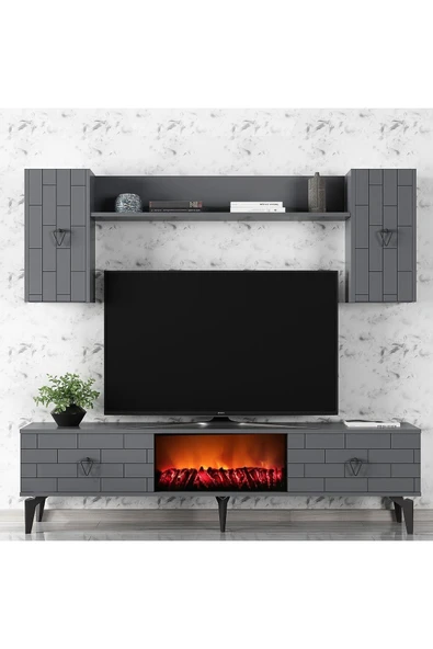 cantek dizayn Varrna Tv Ünitesi Takım Şömineli Antrasit-antrasit