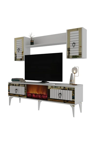 cantek dizayn LİNDA ŞÖMİNELİ TV ÜNİTESİ TAKIMI BEYAZ-ALTIN - Resim 5