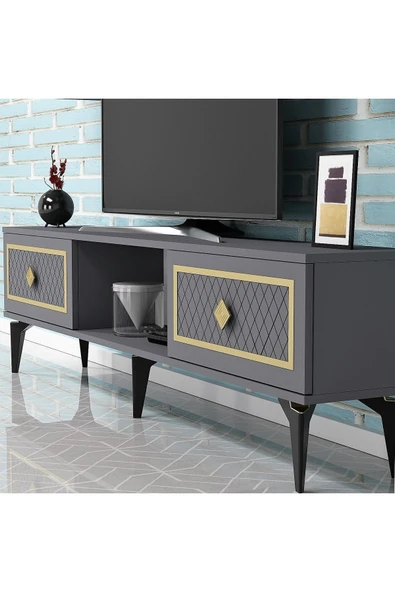 cantek dizayn Heerry Tv Ünitesi Takım Antrasit-altın - 3