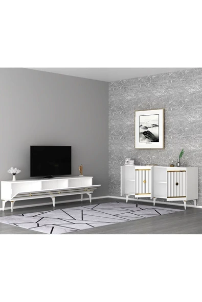 cantek dizayn LENORA TV SEHPASI (alt modül) ve KONSOL 2'Lİ SALON TAKIMI BEYAZ-ALTIN - Resim 2