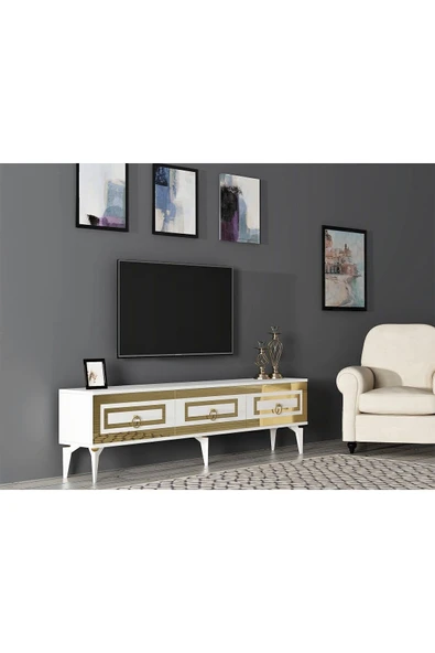 cantek dizayn Karrya 180 Cm Tv Sehpası Beyaz Altın - Resim 2