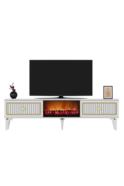 cantek dizayn Flame Şömineli Tv Sehpası (ALT MODÜL) Beyaz-altın - Resim 5