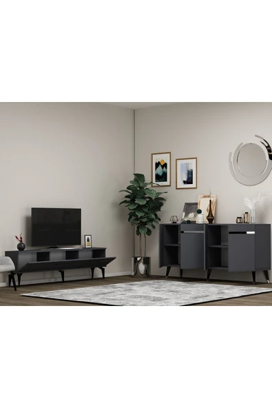 cantek dizayn Defne 180 Cm Tv Sehpası Ve Konsol 2'li Salon Takımı Antrasit-gümüş - Resim 2