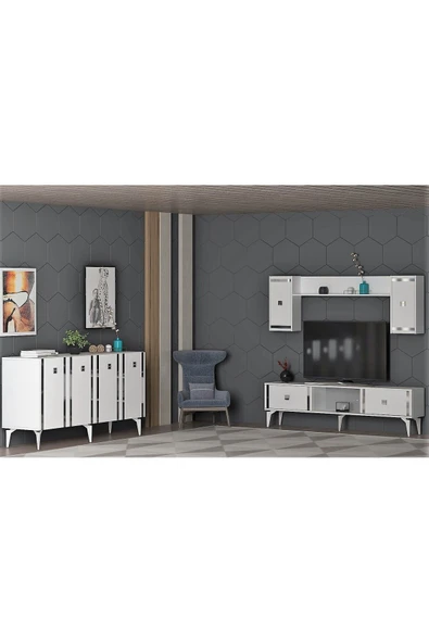 cantek dizayn Dorruk Tv Ünitesi Ve Konsol 2'li Salon Takımı Beyaz-gümüş ürün görseli