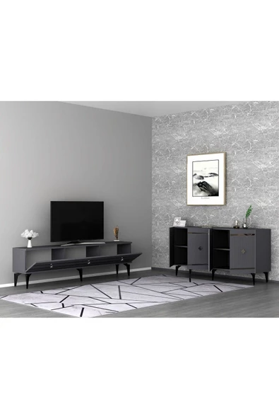 cantek dizayn LENORA TV SEHPASI (alt modül) ve KONSOL 2'Lİ SALON TAKIMI ANTRASİT-GÜMÜŞ - Resim 2
