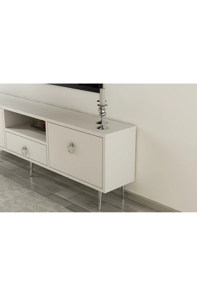 cantek dizayn DROOP TV ÜNİTESİ 2 KAPAKLI, RAFLI VE ÇEKMECELİ BEYAZ-GÜMÜŞ - Resim 3