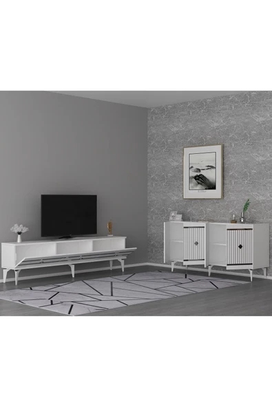 cantek dizayn LENORA TV SEHPASI (alt modül) ve KONSOL 2'Lİ SALON TAKIMI BEYAZ-GÜMÜŞ - Resim 2
