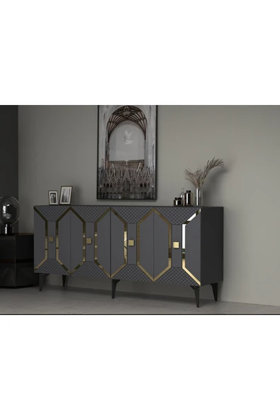 cantek dizayn YUMMEDİ PLEKSİ DESENLİ LAZER ÇİZGİLİ KONSOL ANTRASİT-ALTIN ürün görseli