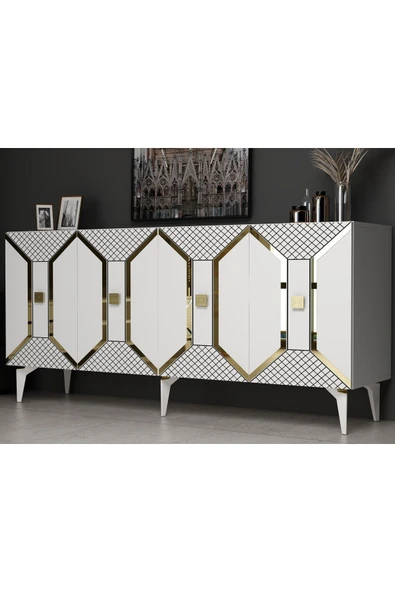 cantek dizayn YUMMEDİ PLEKSİ DESENLİ LAZER ÇİZGİLİ KONSOL BEYAZ-ALTIN ürün görseli