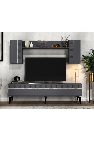 cantek dizayn Defne 180 Cm Tv Ünitesi Ve Konsol 2'li Salon Takımı Antrasit-gümüş - 4