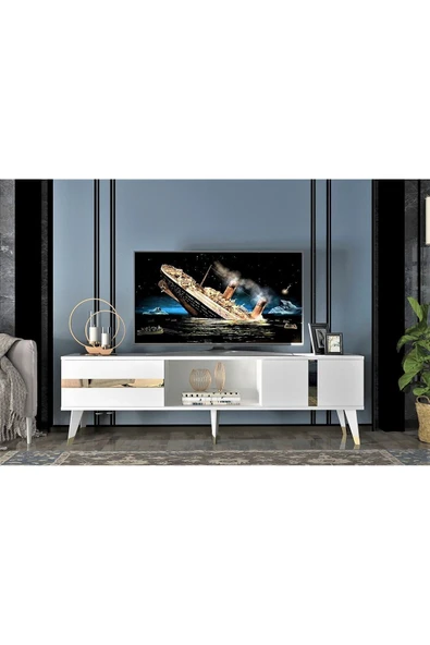 cantek dizayn VANNİA TV SEHPASI ve KONSOL 2'li SALON TAKIMI BEYAZ-ALTIN - Resim 4