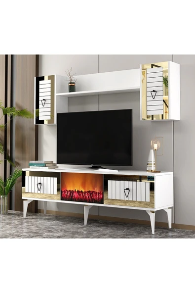 cantek dizayn LİNDA ŞÖMİNELİ TV ÜNİTESİ TAKIMI BEYAZ-ALTIN - Resim 2
