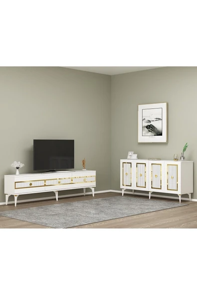 cantek dizayn Nora Tv Sehpası (ALT MODÜL) Ve Konsol 2'li Salon Takımı Beyaz-altın ürün görseli