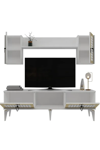 cantek dizayn LİNDA RAFLI TV ÜNİTESİ TAKIMI BEYAZ-ALTIN - Resim 6
