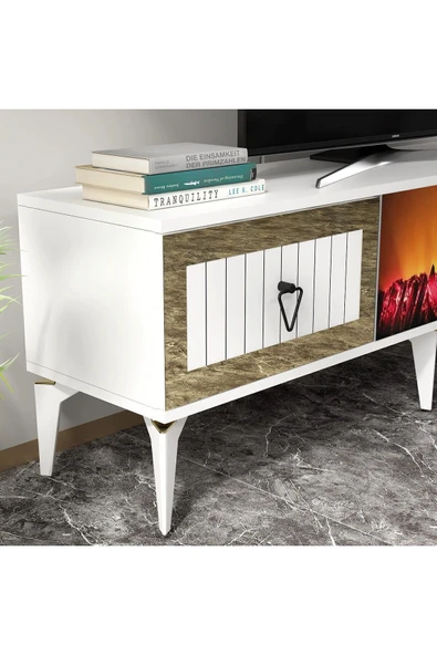 cantek dizayn LİNDA ŞÖMİNELİ TV ÜNİTESİ TAKIMI BEYAZ-ALTIN - Resim 4