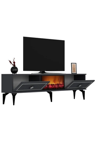 cantek dizayn Flame Şömineli Tv Sehpası (ALT MODÜL) Antrasit-gümüş - 6