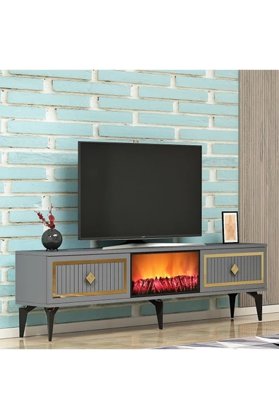 cantek dizayn Flame Şömineli Tv Sehpası (ALT MODÜL) Antrasit-altın - Resim 4