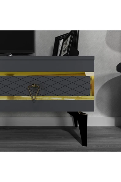 cantek dizayn İppek 180 Cm Tv Sehpası (ALT MODÜL) Antrasit-altın - Resim 3