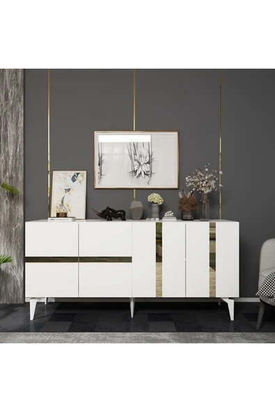 cantek dizayn VANNİA TV SEHPASI ve KONSOL 2'li SALON TAKIMI BEYAZ-ALTIN - Resim 3