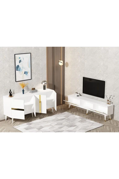 cantek dizayn VANNİA TV SEHPASI ve KONSOL 2'li SALON TAKIMI BEYAZ-ALTIN - Resim 2