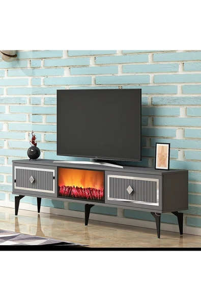 cantek dizayn Flame Şömineli Tv Sehpası (ALT MODÜL) Antrasit-gümüş - 2