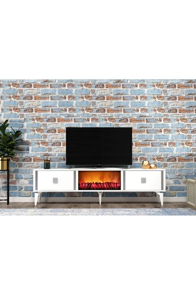 cantek dizayn DORRUK TV SEHPASI (ALT MODÜL) ŞÖMİNELİ BEYAZ-GÜMÜŞ ürün görseli