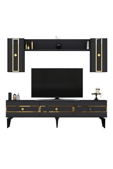 cantek dizayn NORA TV ÜNİTESİ TAKIMI ANTRASİT-ALTIN - Resim 7