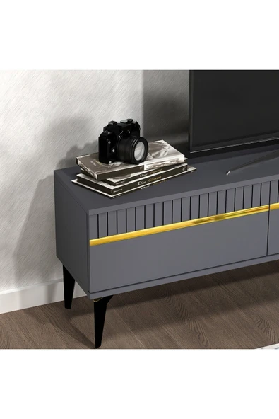 cantek dizayn Defne 180 Cm Tv Sehpası (ALT MODÜL) Antrasit-altın - Resim 3