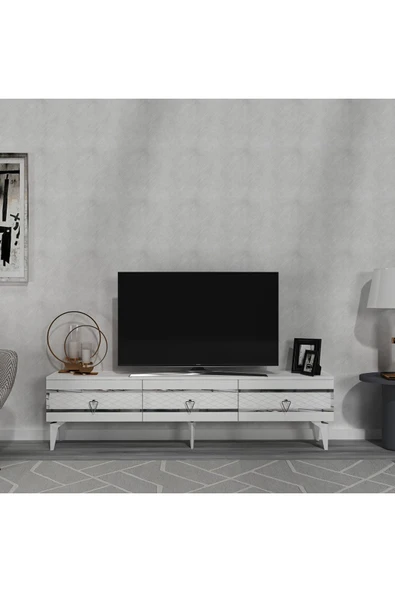 cantek dizayn İppek 180 Cm Tv Sehpası (ALT MODÜL) Beyaz-gümüş ürün görseli