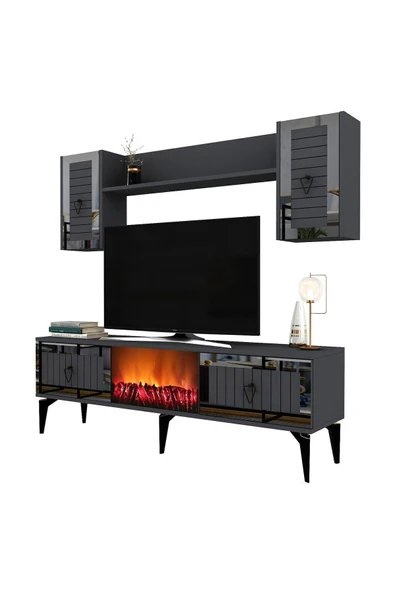 cantek dizayn LİNDA ŞÖMİNELİ TV ÜNİTESİ TAKIMI ANTRASİT-GÜMÜŞ - Resim 5