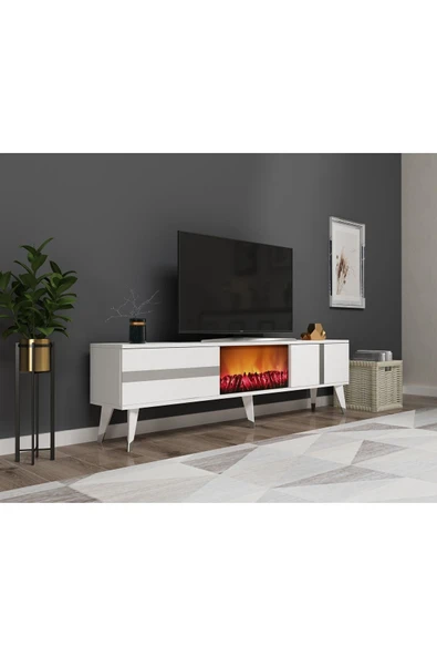 cantek dizayn Vannia Tv Sehpası Şömineli (ALT MODÜL) Beyaz-gümüş - Resim 2