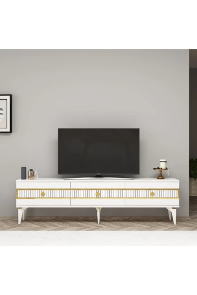 cantek dizayn NOVA TV SEHPASI (alt modül) ve KONSOL 2'Lİ SALON TAKIMI BEYAZ-ALTIN - Resim 5