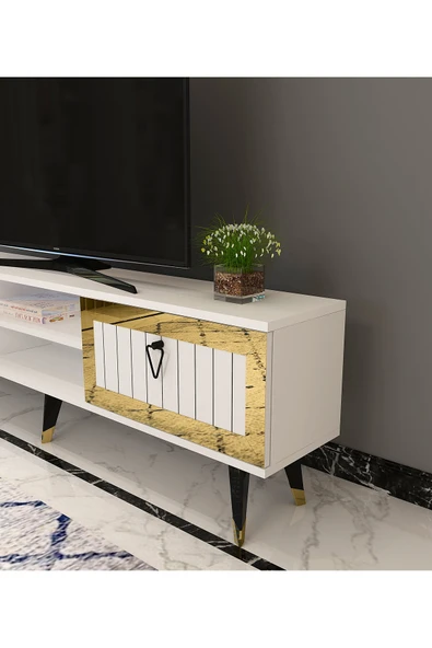 cantek dizayn Lidya Tv Stand Beyaz-altın - Resim 4