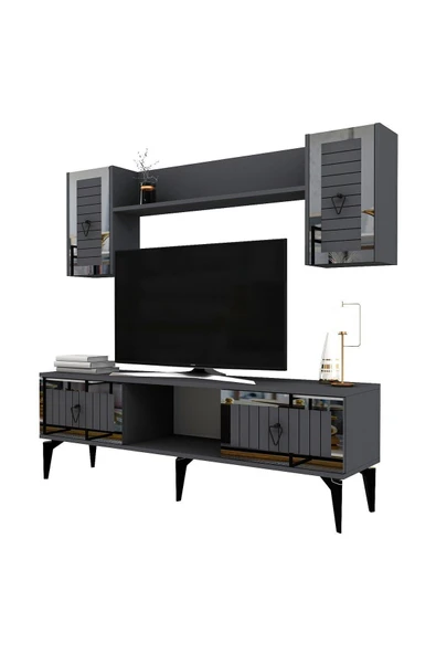 cantek dizayn LİNDA RAFLI TV ÜNİTESİ TAKIMI ANTRASİT-GÜMÜŞ - Resim 8