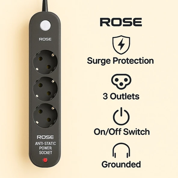 Rose 3'lü Akım Korumalı Priz Topraklamalı ve Çocuk Korumalı Anahtarlı Anti-Statik 3m - 1