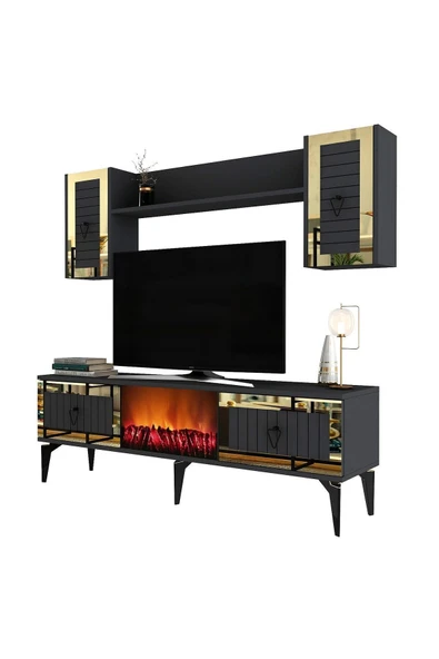 cantek dizayn LİNDA ŞÖMİNELİ TV ÜNİTESİ TAKIMI ANTRASİT-ALTIN - Resim 4