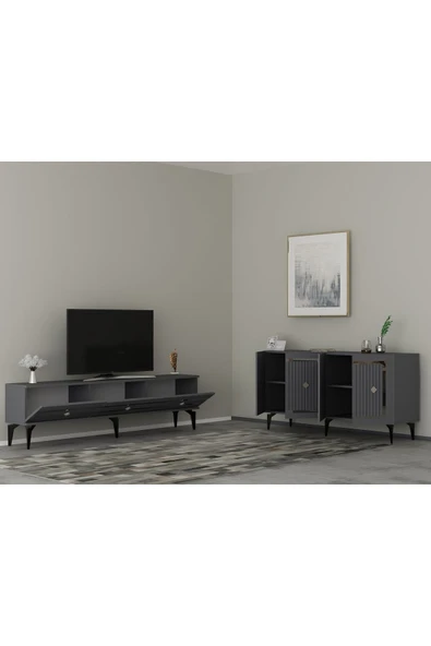 cantek dizayn NOVA TV SEHPASI (alt modül) ve KONSOL 2'Lİ SALON TAKIMI ANTRASİT-GÜMÜŞ - Resim 2