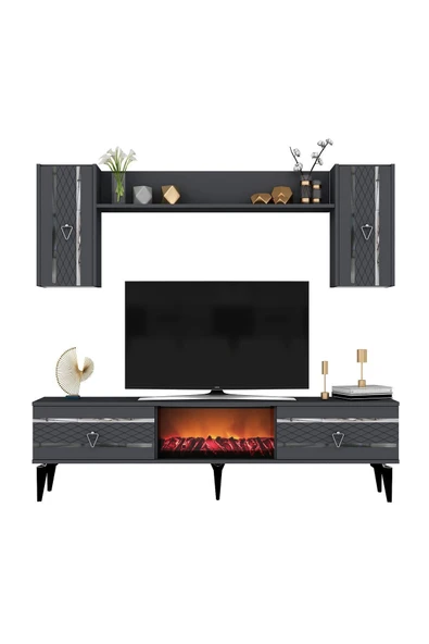 cantek dizayn PELLİN TV ÜNİTESİ TAKIMI ŞÖMİNELİ ANTRASİT-GÜMÜŞ - 3