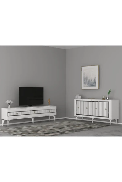 cantek dizayn NOVA TV SEHPASI (alt modül) ve KONSOL 2'Lİ SALON TAKIMI BEYAZ-GÜMÜŞ