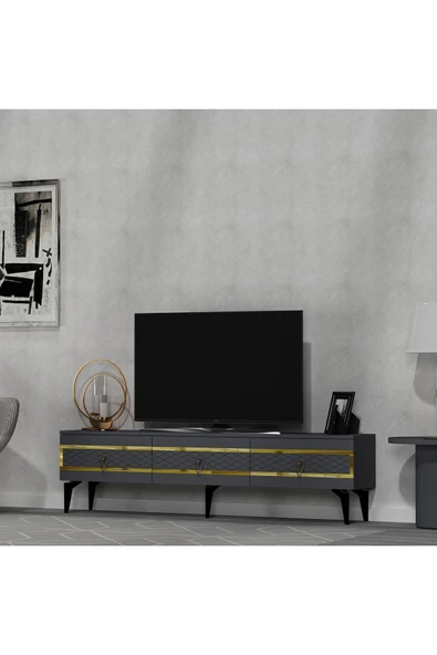 cantek dizayn İppek 180 Cm Tv Sehpası (ALT MODÜL) Antrasit-altın - Resim 2